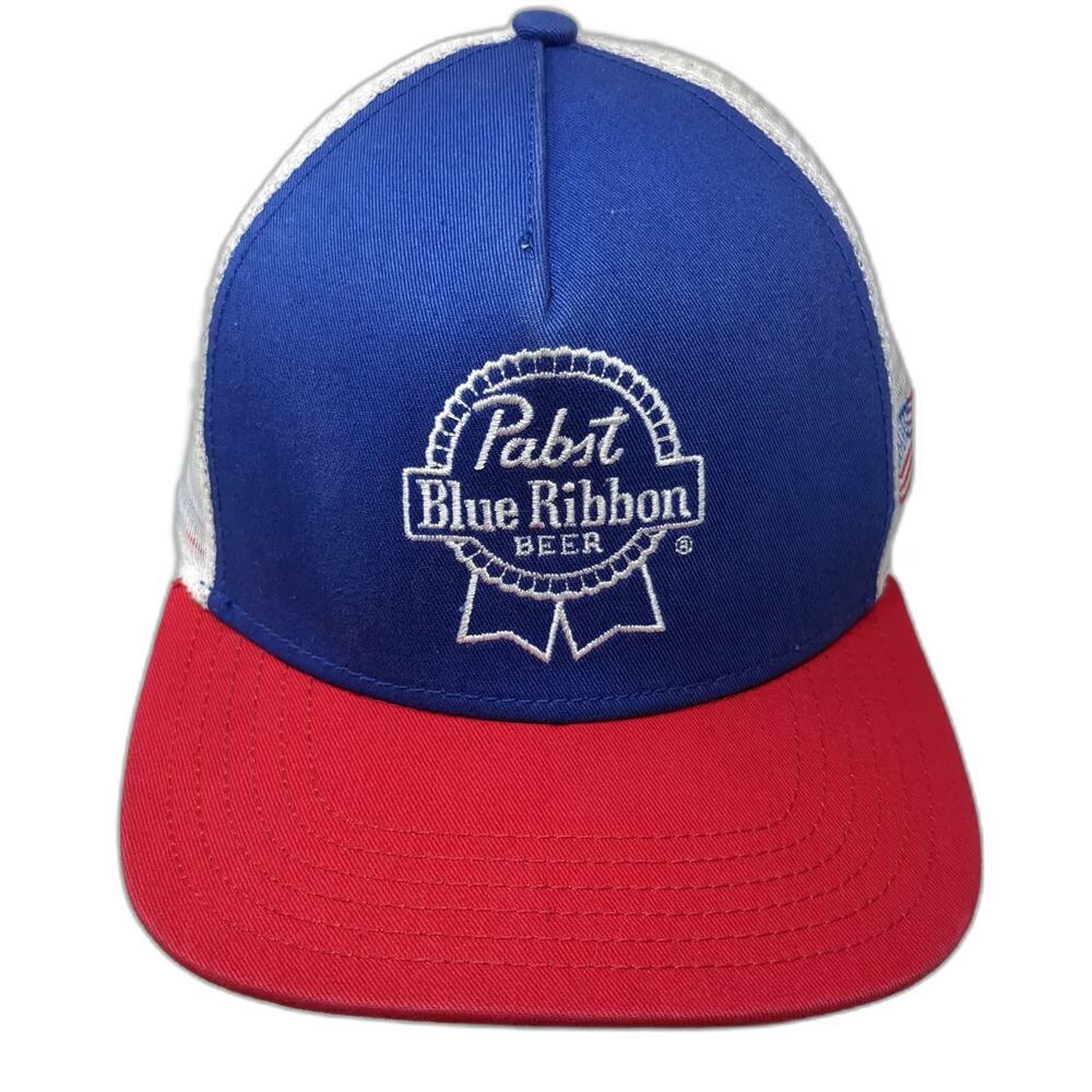 Sportige Pabst Blue Ribbon Beer Trucker Hat Blue One Size Snapback USA Flag Mesh